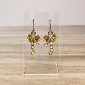 RARE Artsy Fun Gold and Silver Frog Angel Wing Star Dangle Fish Hook Earrings